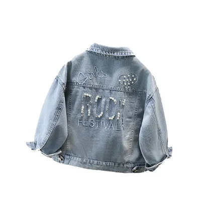 Modische Jeansjacke für Babys und Mädchen mit Perlen für Kleinkinder, Prinzessin, eleganter blauer Jeansmantel, Outfit mit Schleifen, Freizeitkleidung für Kinder Image