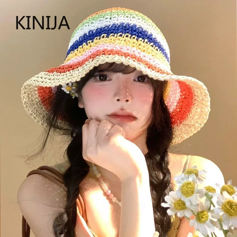 Bunter handgewebter Fischerhut für den Sommer, Damen, Strohhut mit großer Krempe, Gesichtsschlankheits-Sonnenschutz, Schüsselhut, Strandurlaubszubehör Image