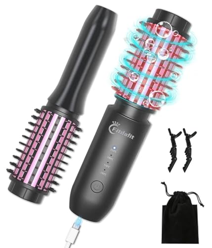 Cordless Hair Curling Iron Brush, 1.5" Mini Cordless Hair Curler, 3-in-1 Travel Curling Brush Hair Straightener Comb Rechargeable, 7000mAh Portable Ionic Heated Curling, Black