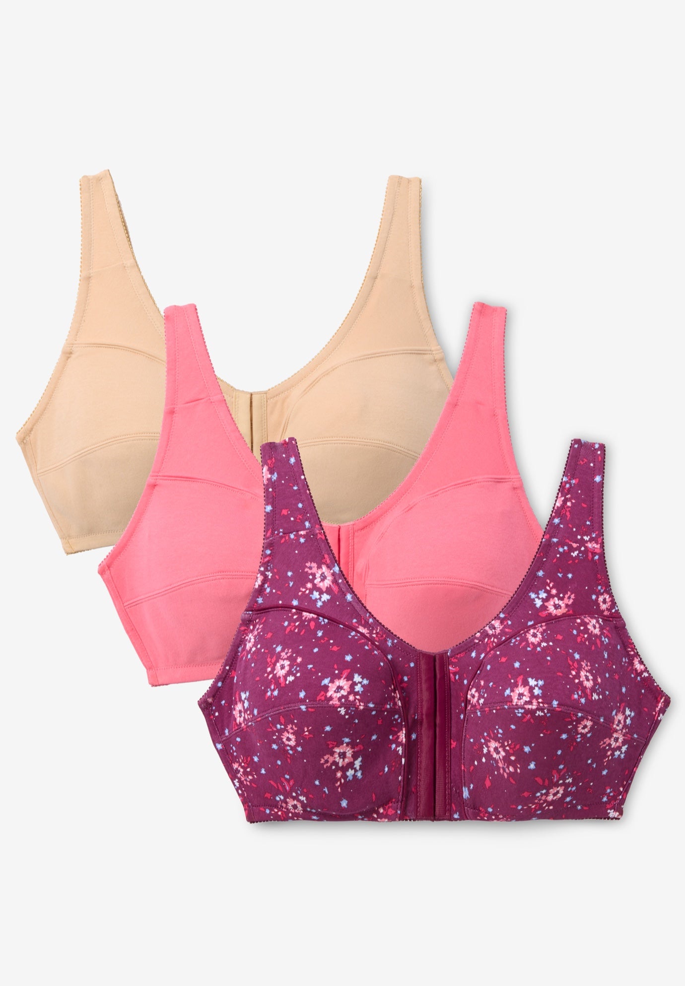 Plus Size Women's 3-Pack Front-Close Cotton Wireless Bra by Comfort Choice in Deep Claret Assorted (Size 48 G)