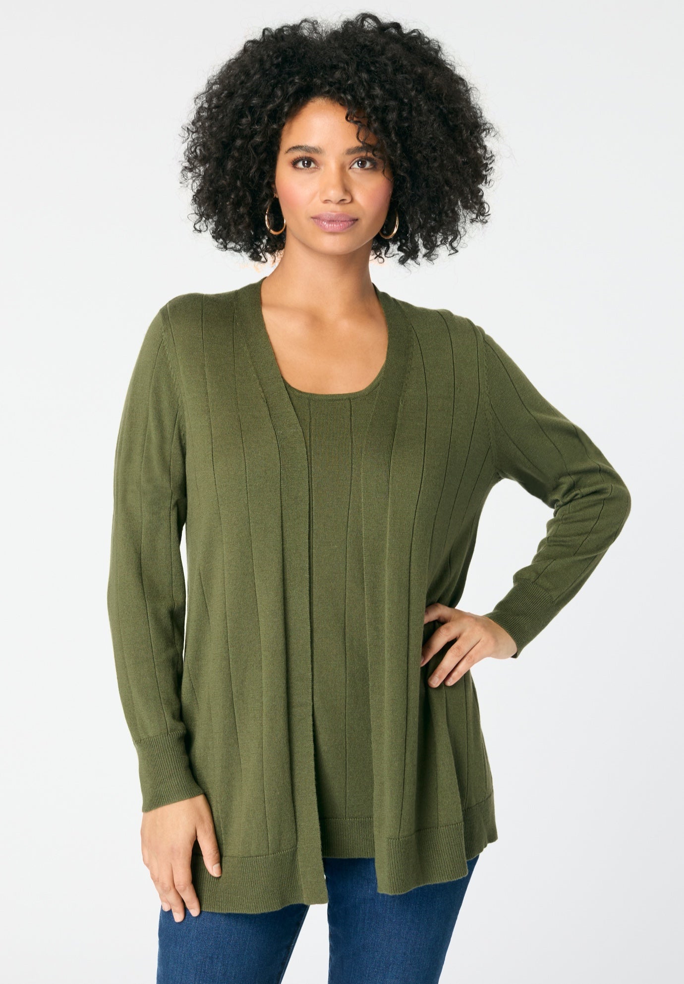 Plus Size Women's Plus Size Drop Needle Cardigan Lightweight Sweater Knit by Roaman's in Dark Olive Green (Size 3X)