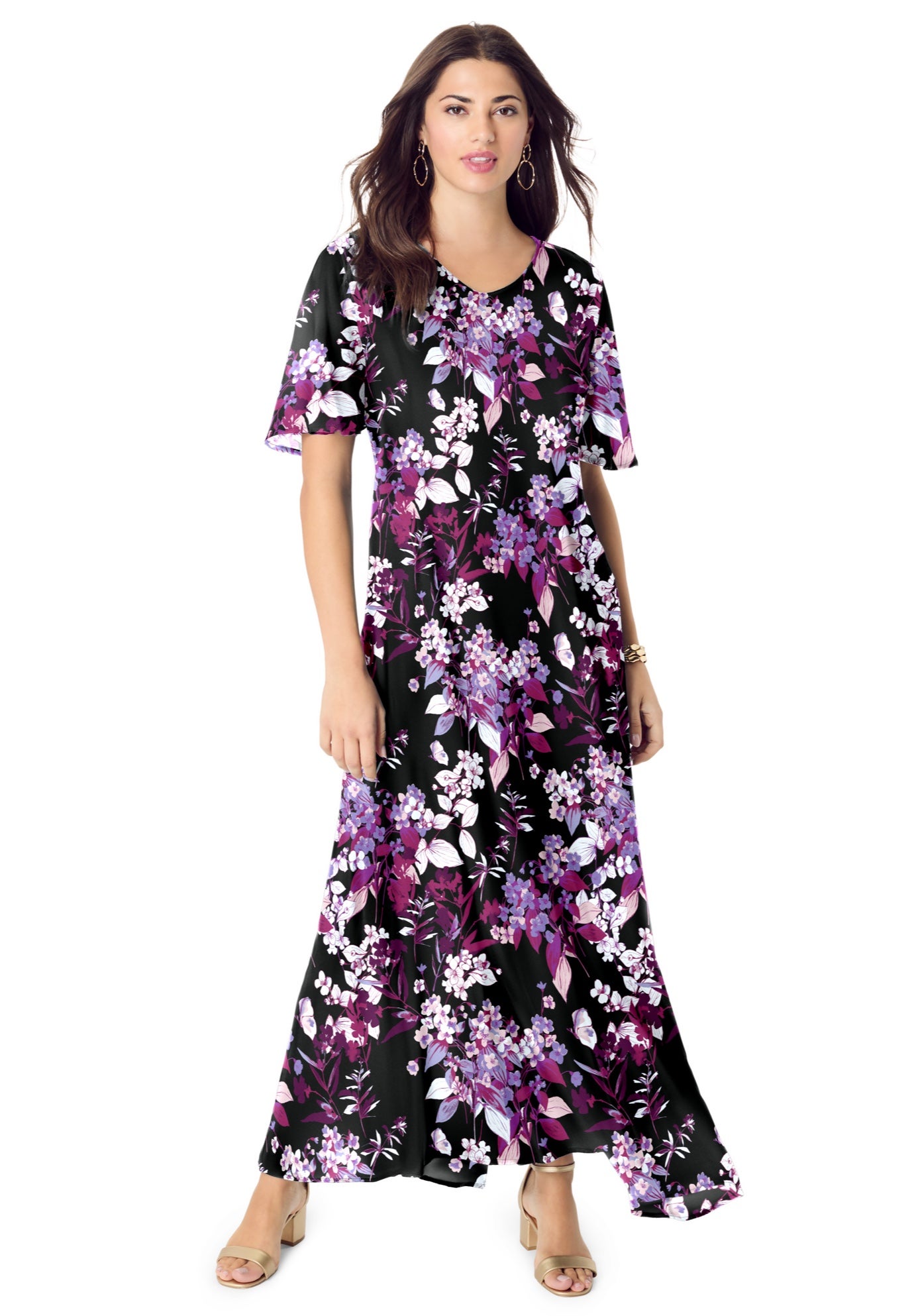 Plus Size Women's Plus Size Hand Crinkled Flutter-Sleeve Maxi Dress by Roaman's in Black Berry Floral (Size 42/44)