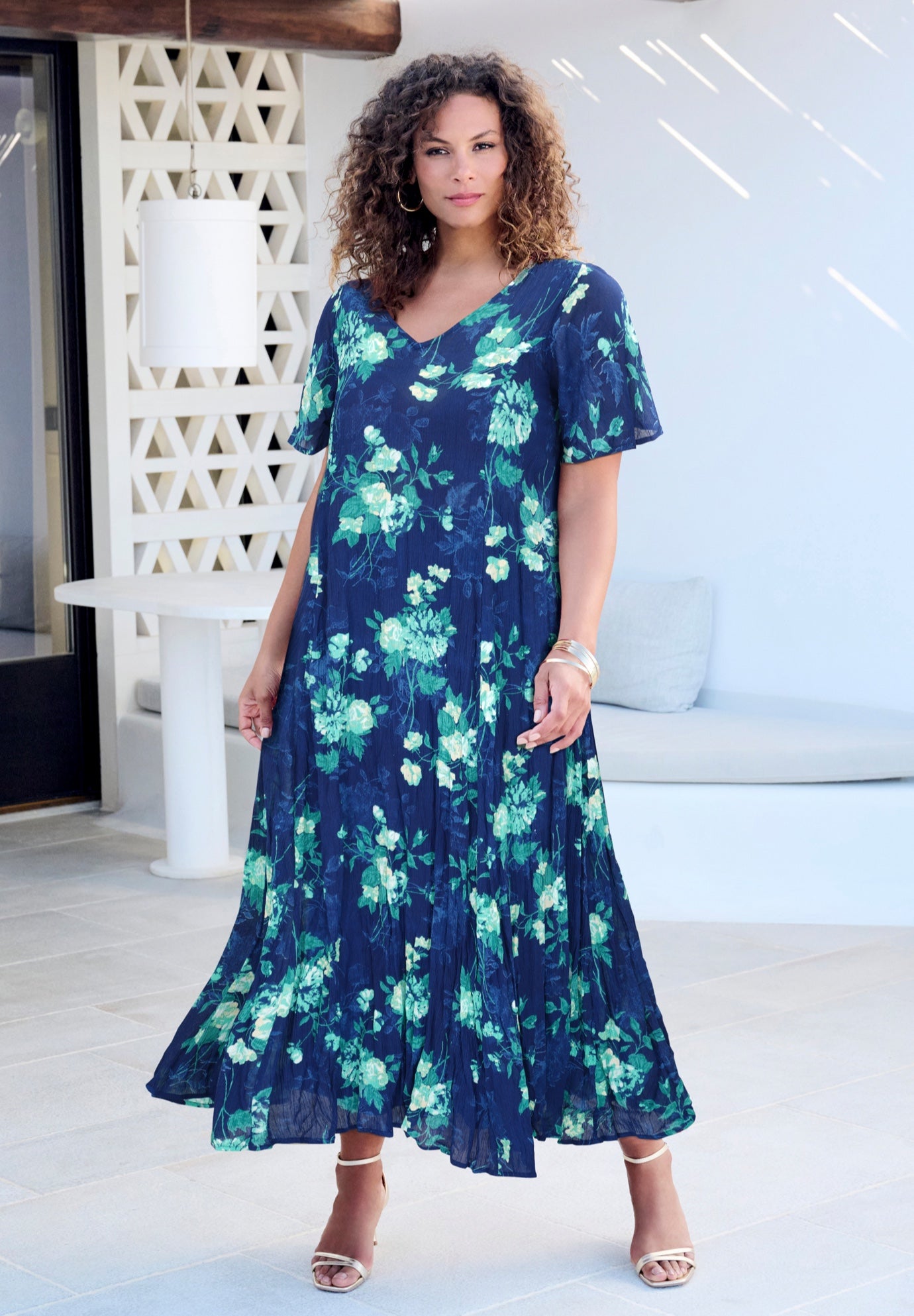 Plus Size Women's Plus Size Hand Crinkled Flutter-Sleeve Maxi Dress by Roaman's in Navy Bold Painted Floral (Size 42/44)