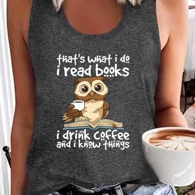 "TEMU Women's Owl Graphic Tank Top - "i Read Books, " Print, Sleeveless Casual Top For , Polyester , Machine Washable" Image