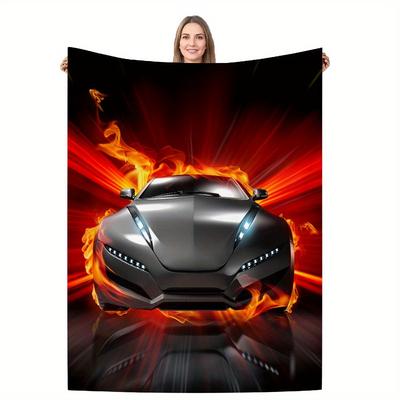 TEMU 1pc Car Flame Print Fleece Blanket For Grandson & Son – Soft, Cozy, Tear-resistant Throw For Sofa, Bed, Camping & Travel – Perfect Birthday Or Holiday Gift, Camping Blanket | Sports | Image