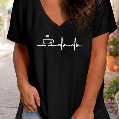 TEMU Women's Plus Size V-neck T-shirt With Coffee & Heartbeat Graphic - Casual Short Sleeve, Light Gray, Stretchy Polyester Blend, Spring/summer/fall, Everyday Tshirt | Top | Stretchy Fabric Image