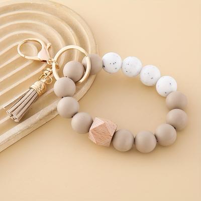 TEMU Silicone Bead Bracelet Keychain - Stylish Charm With Clasp, Perfect Gift For Women, Ideal For Backpacks And Car Keys, White, Pink, Black, Golden, Silicone Beads, Keychains Image