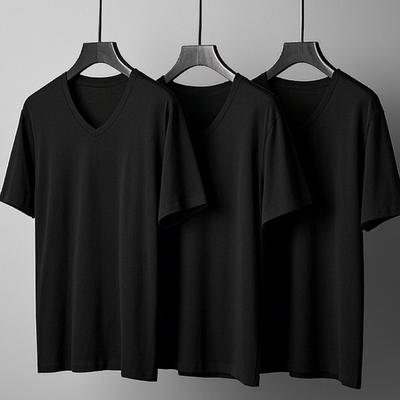 TEMU 3pcs Men's V-neck T-shirts - Casual, Slim Fit, Knitted Fabric, , Everyday, Parties, And Vacations, Everyday Apparel | | Knitted Texture Image