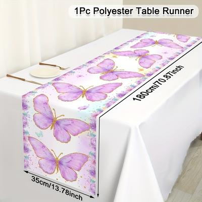 TEMU 1pc, Purple Tablecover, 35*180cm Polyester Crown Flower Table Flag, Suitable For Birthday Party Supplies, Shower Decoration, Wedding Holiday Party Table Decoration Supplies Image