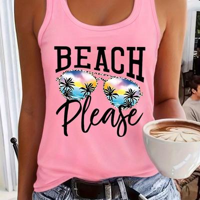 TEMU Island & Creative Glasses Monogrammed Tank Top, Summer & Spring Sleeveless Casual Tops, Women's Image