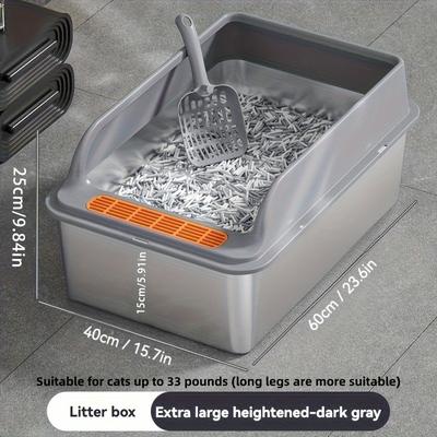 TEMU Sturdy Stainless Steel Cat Litter Box With Scoop - Easy Clean, Durable, High-sided Design, Fits Cats Up To 31 Lbs, Ideal For Indoor Use, Spacious Rectangular Shape Image