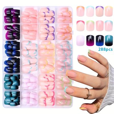 TEMU 288pcs/set Multicolor French Patch Nail Set, Short Square Full Covered Fake Nails, And S As A Gift, Including Jelly Glue And Nail File Image