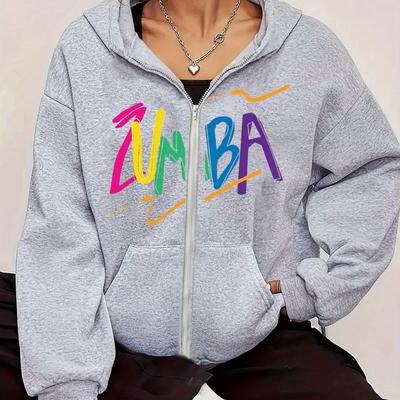 TEMU Women's Zumba Graphic Fleece-lined Hooded Zip-up Jacket With Kangaroo Pocket - Colorful Letter Sporty Pullover For Wear Image