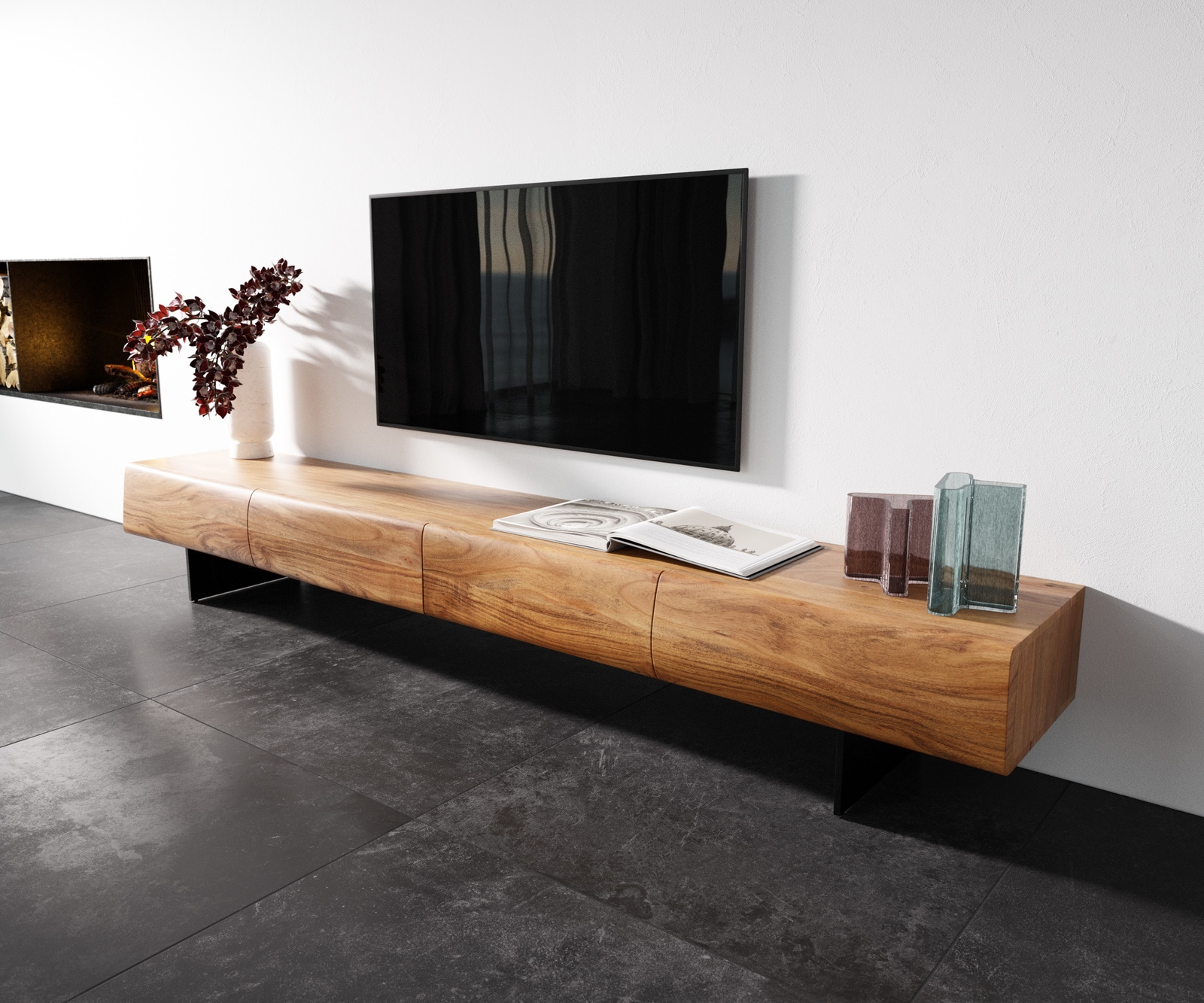 DELIFE Lowboard New Live-Edge 240 cm Akazie Natur 4 Schubladen Fuß schwebend Metall Schwarz, Lowboards, Baumkantenmöbel, Massivholzmöbel, Massivholz Image