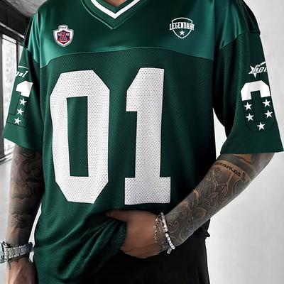 TEMU Men' V-neck Athletic Jersey T-shirt - Breathable, Quick-dry, Stretchy Short Sleeve With Number 01 & , Summer Casual Wear, Casual Summer Wear | Tshirt | Image