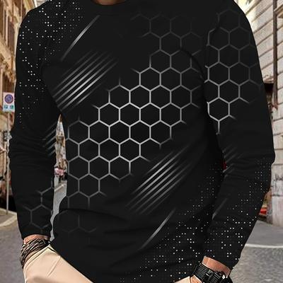 TEMU Men's Hexagonal Print Long Sleeve T-shirt - Comfortable & Versatile, Casual Wear Or Gifting Image