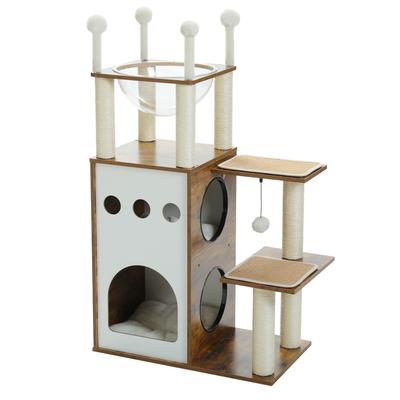 TEMU Road Modern Cat Tree, 108 Cm Wooden Cat Tree With 2-tier , Cat Furniture With Scratching Posts, Capsule Nest And Hanging Balls, The Sky City For House Cats Image