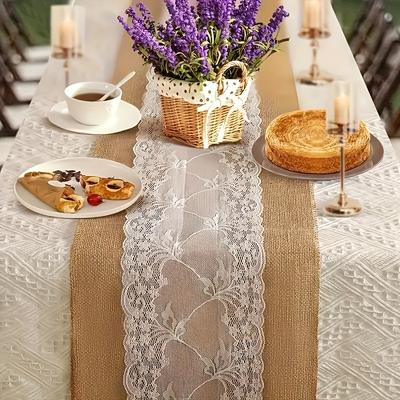 TEMU 1pc Rustic Linen Table Runner With Lace - Natural Jute Linen Blend, Durable & Washable, Rectangular Tablecloth For Weddings, Birthdays, Parties - Woven Fabric Image