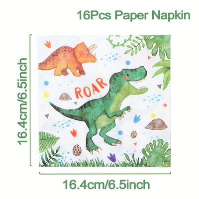 TEMU 16pcs Dinosaur Watercolor Napkins - & Orange Triceratops Design, Disposable Paper Napkins For Baby Showers, Birthdays, And Parties, Event Table Decor | Party Decor | Decorative Napkins Image