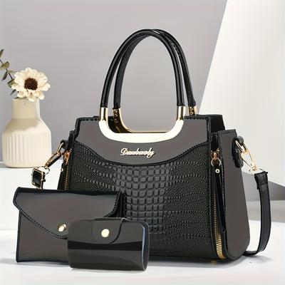 TEMU Three-piece Small Handbag Set Fashion Festival Style Mommy Tote Bag Classic Crocodile Pattern Women' Set With Zipper Closure, Suitable For Gifts, Work, Travel, Study Image