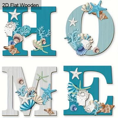 TEMU 2d Flat 4pcs/set Home Letter Shell, Conch, Starfish Wooden Wall Art Print Paintings Anniversary Birthday Gift Decorative Sign Pendants, Decoration Pendant Decor Image