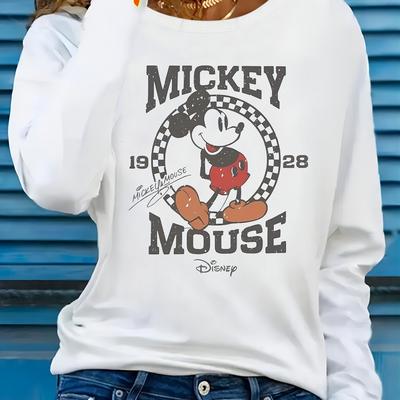 TEMU Mouse Graphic Print Long Sleeve Crew Neck T-shirt For Women - Soft Micro Elastic Non-sheer Fabric, Machine Washable, Casual Casual Attire With Classic Design, Tee, Top Image