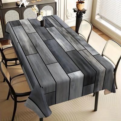 TEMU 1pc Vintage Grain Tablecloth - Black & White Striped Rectangular Polyester Table Cover For Dining Room, Kitchen, Party Decor - Machine--clean Tablecloth, Smooth Machinemade Fabric Image
