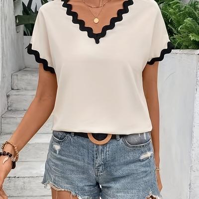TEMU Women's Block Wave V-neck Design Short Sleeve Pullover Casual Top Image