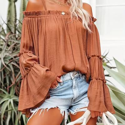 TEMU Elegant Solid Color V-neck Blouse For Women - Chic Long Sleeve Shirting Top With Detail, All , Stylish Adult Fashion, Shirting Blouse Image
