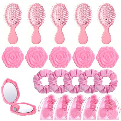 TEMU 20pcs Pink Hair & Favor Set - Includes Plastic Hairbrush, Round Pocket Mirror, Hair Ties & Organza Bags - Ideal For Weddings, Birthdays, Makeup Parties, No Electricity Needed Accessories Kit Image