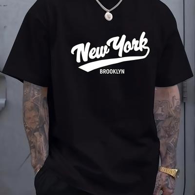 TEMU Men's Ny Graphic Tee - 100% Cotton, Soft & Comfortable Casual T-shirt With Stylish Printed Design, Casual Attire, Fitness, And Sports - Ideal Valentine's Day Or Father's Gift Image