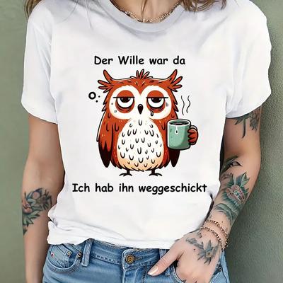 "TEMU 1pc Women's Casual Short Sleeve T-shirt - German Humor Owl Print With " Exhausted I Could Sleep Anywhere" Slogan, Relaxed Fit Machine Washable Funny Gift For Women & Teens" Image