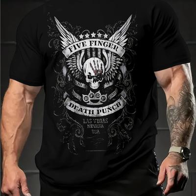 TEMU Vintage Letter And Skull Graphic Print Crew Neck Short Sleeve T-shirt For Men, Casual Summer T-shirt For And Vacation Resorts Cotton Printed Shirts Image