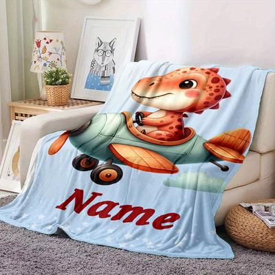 TEMU 1pc Custom Name Blankets, Personalized Little Dinosaur Blanket For Adult, Lightweight Throw Blanket For Bedroom Sofa, Birthday Valentines Day Gifts Image