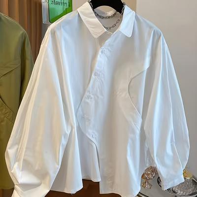 TEMU Women's Asymmetrical Hem Casual Shirt - White Relaxed Fit Button-up Top With Turn- Collar, Lightweight Breathable Fabric For Spring Summer Fall, Machine Washable Versatile Casual Attire Image