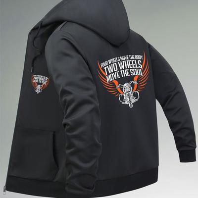 TEMU Men's Trendy Motorcycle Graphic Hooded Jacket - Black Casual Zip-up With Front Pockets, Polyester, Motorcycle-, Riding Apparel||zippered Jacket Image