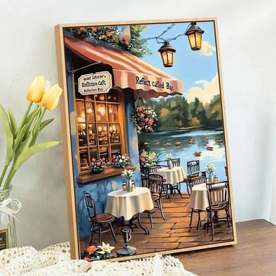 TEMU 30x40cm 5d Round Diamond Painting Kit, Scenic Cafe Landscape Canvas Art, Mosaic Wall Decor Craft, Complete Set With Tools, For Beginners, Home Wall Hanging Gift Image