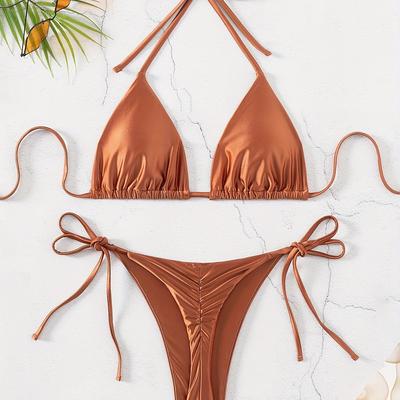 TEMU Brown Sexy Triangle Cup Bikini With A Neck Strap And Low-rise Side-tie Bottoms. Image