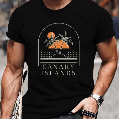 TEMU Men's Canary Islands Graphic T-shirt - Casual Polyester Crew Neck Tee With Stretch, Summer Knit Fabric Top With Regular Fit Image