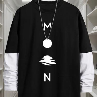 TEMU Men' & Graphic Print Long Sleeve T-shirt - Loose Fit, Street Style, Comfortable Polyester Blend, Casual Round Neck Tee For Casual Attire, | Layered Shirt Design | Glossy Fabric Image