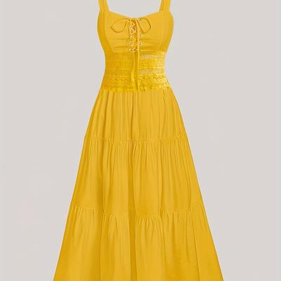 TEMU Women's Elegant V-neck Lace Trim Tiered Maxi Dress - Mustard Yellow With Adjustable Back Ties, Fitted Bodice & Flowy Skirt, Machine Washable For Spring Summer Fall, Lace Dress Image