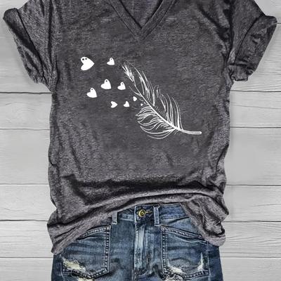 TEMU Women's Casual V-neck Short Sleeve T-shirt - Gray With White Geometric & Hearts Print, Relaxed Fit, Breathable Summer Top, Machine Washable, Ladies T Shirts Image