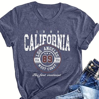 TEMU Women's California Graphic Tee - Casual Crew Neck Short Sleeve T-shirt With La 89 Design, Lightweight Summer Top For Casual Attire Image