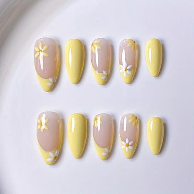 TEMU 10pcs French Manicure Almond Shaped Nail Art - Yellow With Delicate , Glossy Finish, , Nail Art Accessories | Floral Nail Art | Glossy Finish Nails, Nail Decorations Image