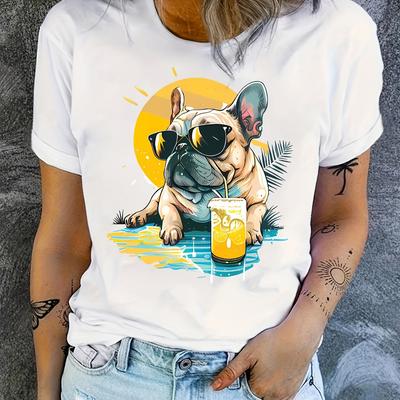 TEMU Women's French Bulldog Beach Sunset Graphic T-shirt - Cartoon Dog With Fashion Glasses & Drink Print, Crew Neck Casual Summer Top, Machine Washable, Leisurewear Women Image
