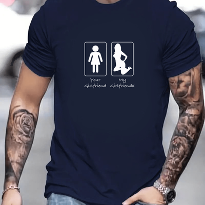 "TEMU Unisex Polyester T-shirt With "your Girlfriend My Girlfriend" Design, Casual Crew Neck, Stretch Knit Fabric, Regular Fit - Novelty Graphic Tee For Men And Women" Image