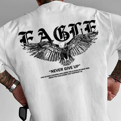 TEMU Mens Loose Neck T-shirt With Factf & Hawk Totem Graphic Print - Breathable Summer Casual Top For Outdoor Streetwear, Nontransparent Fabric Image