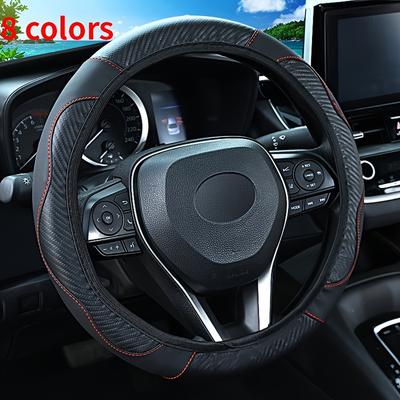 TEMU Stylish Carbon Fiber Pattern Steering Wheel Cover - Durable, Non-slip Pu Leather, Cars, Business- With Red Accents, Car Interior Upgrade, Grip Cover | Sporty Look Accessory | Pu Leather Cover Image