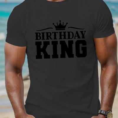 "TEMU Men's "birthday King" White T-shirt - Casual Polyester Crewneck With Crown Graphic, Short Sleeve Summer Top, Machine Washable" Image
