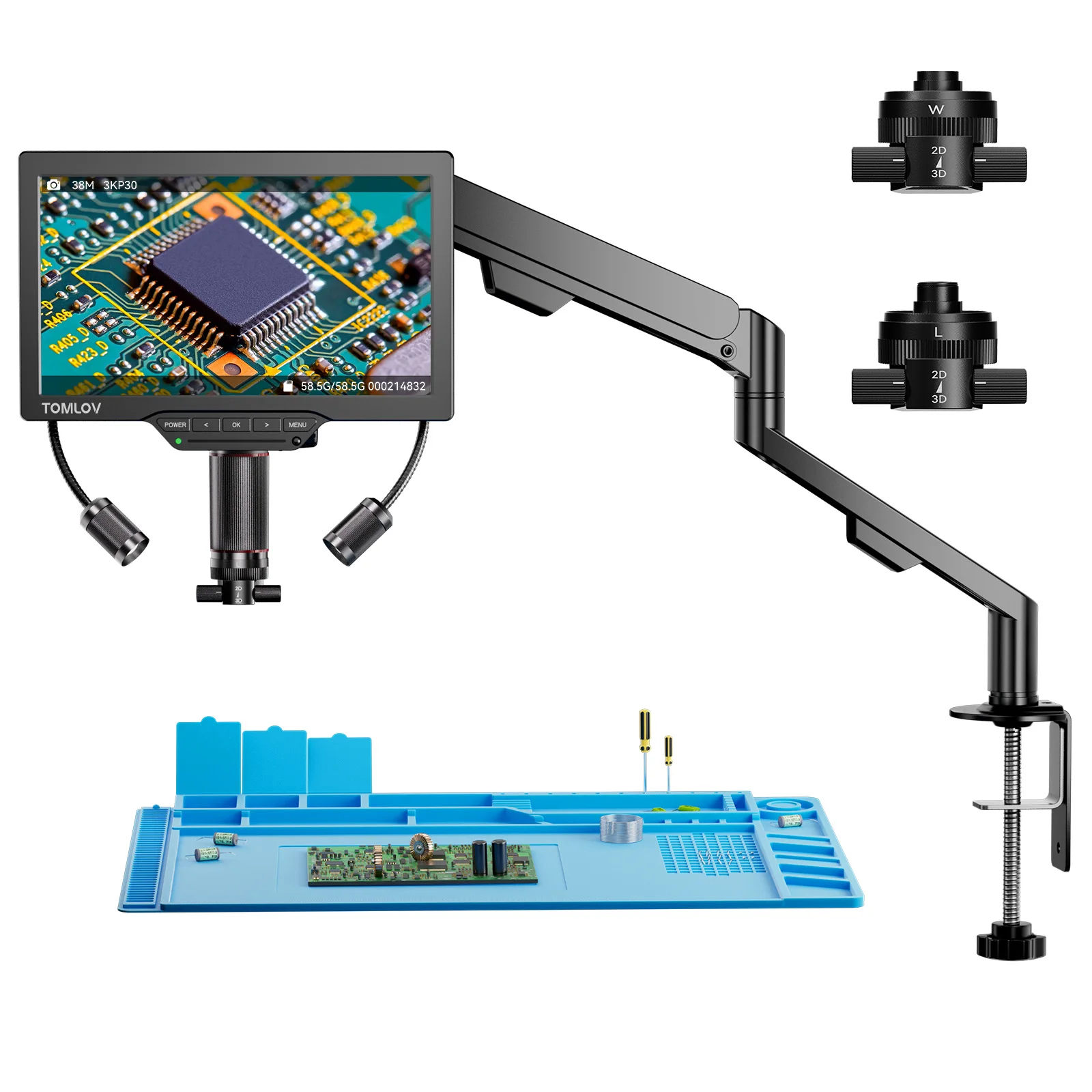TOMLOV 10 "3D Digital Mikroskop Für Elektronische Löten 2000X Magnetische Dual Objektiv 3K Video Münze Microscopio Flex Arm reparatur Matte Image